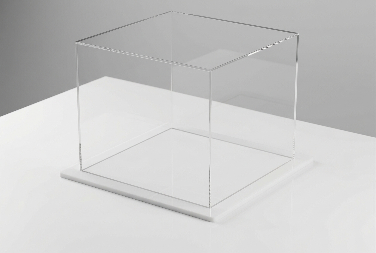 teca in plexiglass trasparente con base in metacrilato bianco teca in plexiglass trasparente con base in metacrilato bianco